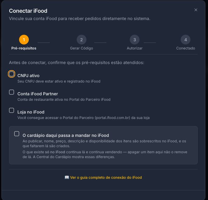 Assistente Conectar iFood, passo 1: as quatro confirmações de pré-requisitos