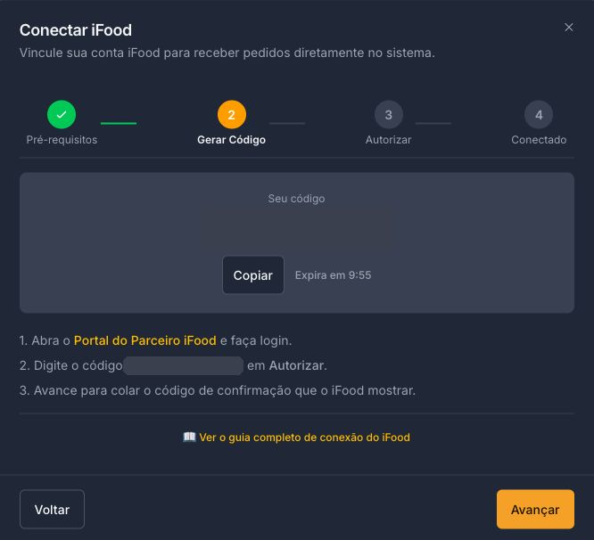 Código gerado, com o botão Copiar, o tempo que falta e as instruções