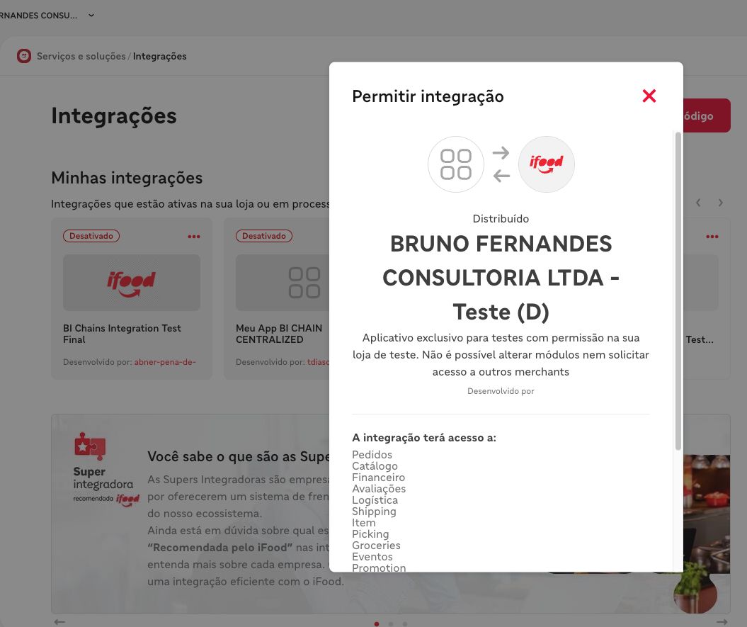 Portal do Parceiro iFood, tela Integrações, com a janela Permitir integração