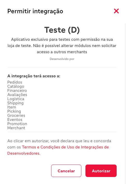 Fim da janela Permitir integração, com os botões Cancelar e Autorizar