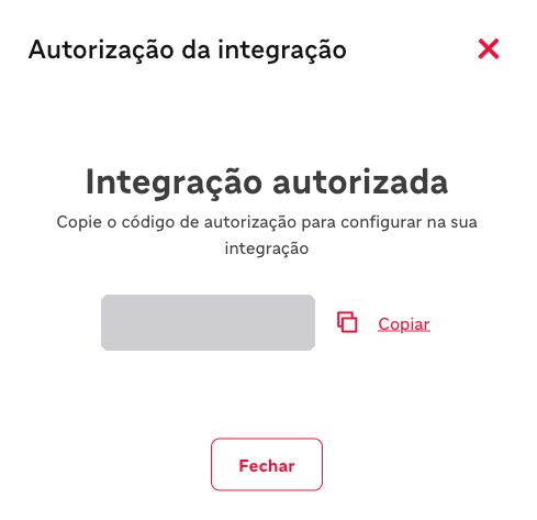 Janela Integração autorizada, com o código de autorização e o botão Copiar