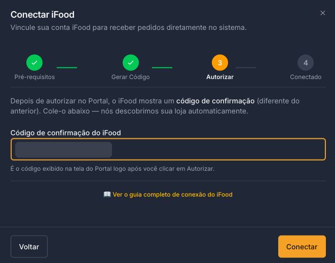 Assistente no passo 3, com o campo do código de confirmação e o botão Conectar