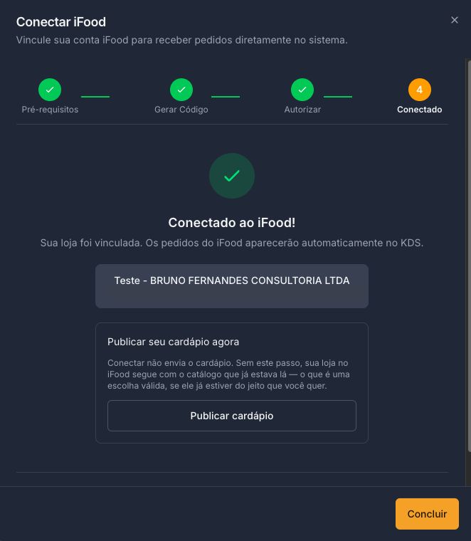 Assistente no passo 4, Conectado ao iFood, com a opção Publicar cardápio
