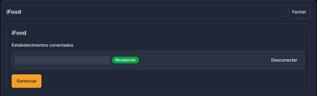 Tela Integrações com a loja do iFood recebendo pedidos e o botão Desconectar
