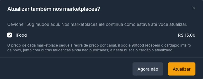 Janela Atualizar também nos marketplaces?, com o iFood marcado e o preço que vai