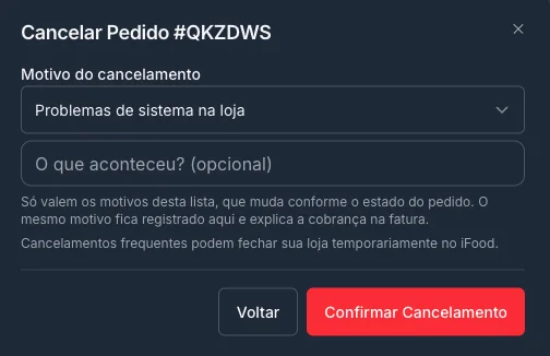 Janela Cancelar pedido, com o motivo escolhido e o aviso sobre cancelamentos frequentes