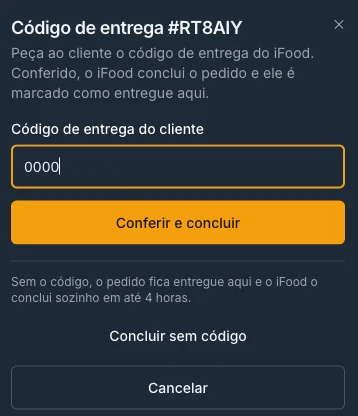 Janela Código de entrega, com o campo do código, Conferir e concluir e Concluir sem código
