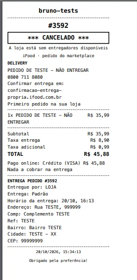 Comanda de um pedido cancelado, com CANCELADO em destaque e o motivo