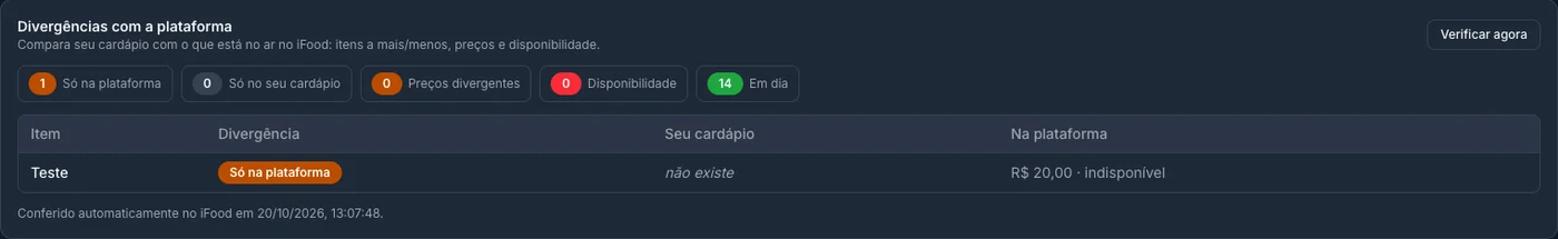 Divergências com a plataforma: contagem por tipo e a lista de itens diferentes