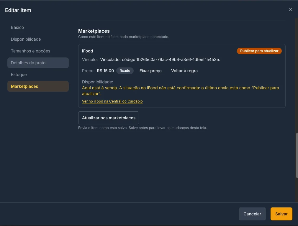 Seção Marketplaces de um item, com o vínculo, o preço fixado e Voltar à regra