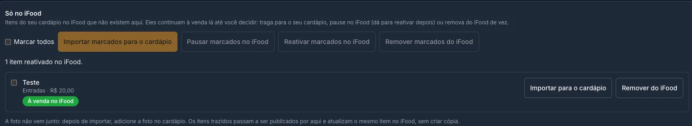 Seção Só no iFood depois de reativar, com o item À venda no iFood